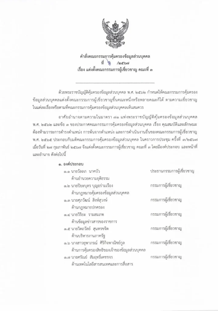 คณะกรรมการผู้เชี่ยวชาญ-ประกาศคณะกรรมการคณะที่3-pdpa-pdpc